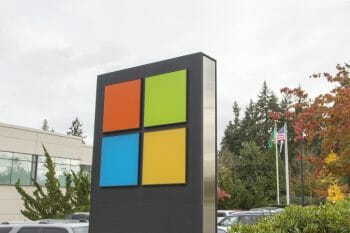 November 1, 2017 - Redmond, Washington: Microsoft's sign and flags of United States, Washington and Microsoft are visible in front of a building at company's corporate headquarters